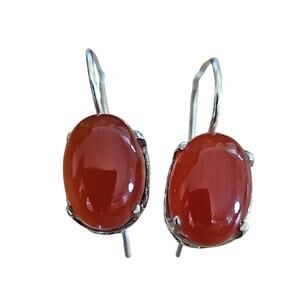 Vintage 925 Sterling Silver w/Carnelian Red Agate Gemstone Pronged Wire Earrings